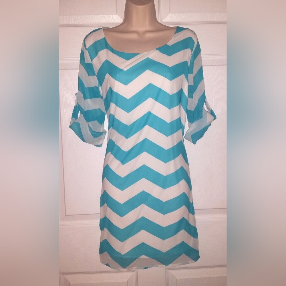 My Story Teal / White Chevron Striped Sheath Dress Med - Great for Spring!